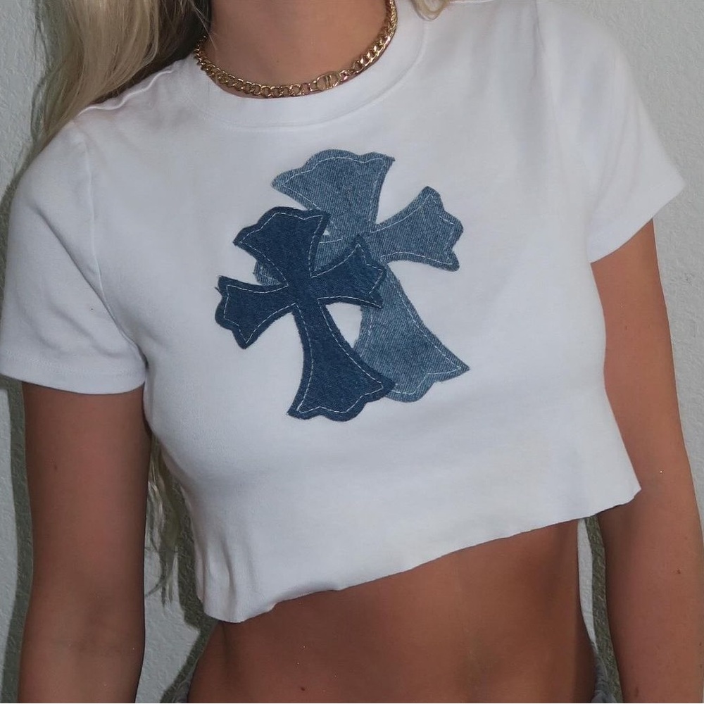 Denim Cross baby tee